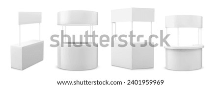 Set of promo booth templates isolated on white background. Vector realistic illustration of 3D stands with blank surface for advertising, exhibition stall for business trade fair, product presentation