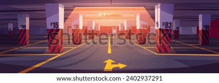 Empty underground car parking interior with markings and direction arrows, concrete floor and columns. Cartoon vector illustration of public basement lot. Garage area with free parking space.