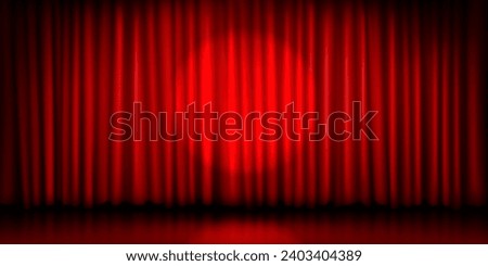 Theater stage with red closed curtain and round spotlight. Realistic vector illustration of opera show or movie ceremony drapery on scene with light. Cinema or announcement concept with waved fabric.
