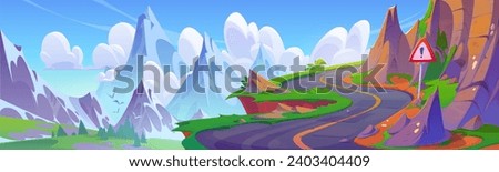 Winding mountain road with warning sign. Vector cartoon illustration of rocky landscape with green grass and fir trees in valley, stones along dangerous curvy highway, birds flying in cloudy sky