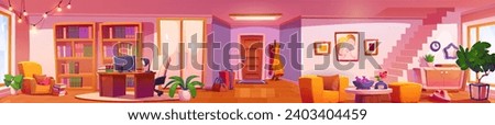 Modern home interior design. Vector cartoon illustration of large living room with armchair and working space, books on shelves, computer on desk, staircase leading upstairs, daylight in windows