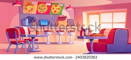 Pizzeria interior with furniture and equipment - tables and chairs, stack of cardboard boxes for delivery on bar counter and stool, food and drinks. Cartoon vector set of pizza restaurant room.