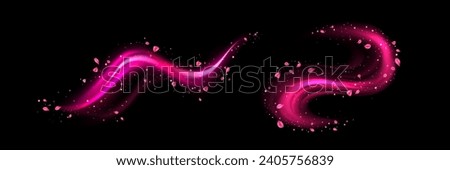 Set of pink swirls with flower petals isolated on black background. Vector realistic illustration of neon light waves with sakura blossom, magic sparkling particles, perfume aroma trail, love in air