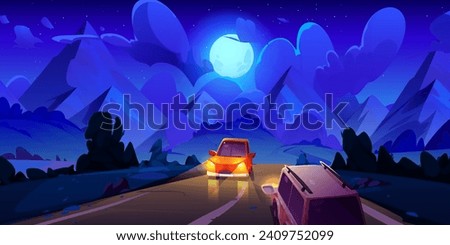 Oncoming traffic on asphalt road in middle of meadows with bushes and trees leading to mountains at night. Two cars with headlights on driving towards in dusk. Cartoon dark landscape under moon light.