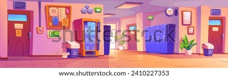 Empty school hallway with doors to classrooms, lockers and vending machine, noticeboard with bulletin and bell. Cartoon vector illustration of corridor interior of elementary or high school building.