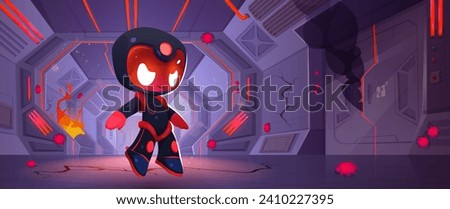 Evil robot in space ship with fire and flame. Vector cartoon illustration of astronaut character with angry face, red bugs on cracked walls, malware danger, hacker attack, cyber security threat