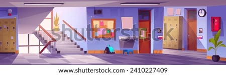 Modern school hall with lockers. Vector cartoon illustration of large corridor with green plants, information board on wall, drinking water fountain, metal cabinets, classroom doors, sunlit staircase