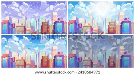 Cartoon city downtown landscape with modern skyscraper buildings in four different weather seasons - sunny day, winter snowfall, thunder storm with rain and lightning, wind with flying leaves.