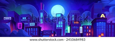 Night city with full moon in starry sky. Vector cartoon illustration of skyscrapers shining with neon color windows, cloudy midnight skyline, high-rise office and housing buildings, downtown district