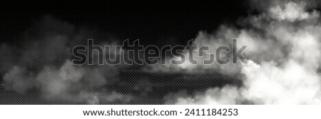 White smoke cloud with overlay effect on transparent background. Realistic border with fog. Vector illustration of smoky mist or toxic vapor on floor. Meteorological phenomenon or condensation.
