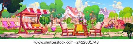 Country home backyard with trees and furniture. Cartoon summer landscape of yard with green grass and fruit woods, swing with canopy and lounge, wooden table with chairs and dog house, lawn mower.