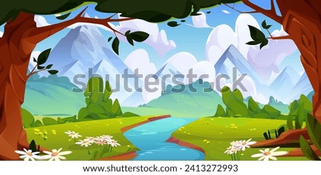 River stream flowing from mountains to meadow with green grass and forest with trees. Cartoon vector summer landscape with hills on horizon, flowers on banks of river and woods with foliage.