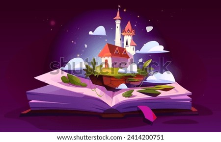 Fairytale castle on open book pages. Vector cartoon illustration of fantasy royal palace with towers on green floating island with sparkling clouds, story about magic kingdom, reading fun concept