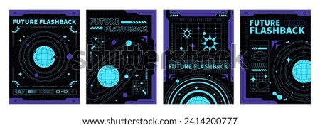 Space poster design template in trendy y2k style with acid grid pattern and planet sticker in neon blue color on black background. Vector set of 2000s aesthetic banners with alien world and twinkles.