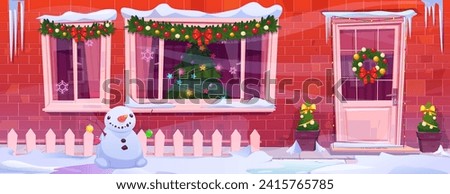 House facade decorated for Christmas. Vector cartoon illustration of X-mas tree in cozy room window, wreath and garland on door, snowman in snowy garden, icicles on roof, holiday mood in neighborhood