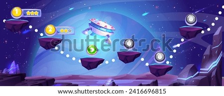 Space travel game map with floating platforms. Vector cartoon illustration of cosmic galaxy landscape, alien spaceship flying between level stones, score stars and lock icons, asteroids in night sky