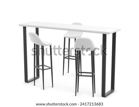 Booth high table and three chairs made from white plastic top and black legs. Cafe or exhibition display bar counter with stools. Realistic vector of empty furniture for advertising product show.