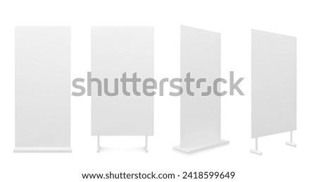 Advertising white empty information booth stand board. Realistic vector illustration set of blank portable vertical roll up info promo banner mockup for ad and product presentation on exhibition.