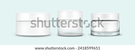 Cream glass jar with white cap mockup. Realistic vector illustration set of transparent, translucent and matte plastic container for cosmetic. Clear makeup or face cream package with glossy lid.