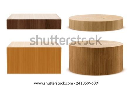 Brown wooden 3d product podium in shape of square and circle. High and small platform with wood texture for natural goods display. Realistic vector mockup of empty pedestal for presentation