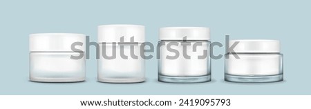 Cream glass jar with white cap mockup. Realistic vector illustration set of transparent, translucent and matte plastic container for cosmetic. Clear makeup or face cream package with glossy lid.