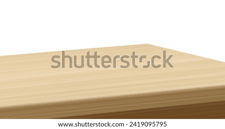 Light brown 3d table top with wooden texture surface isolated on white background. Angle view on desk made from wood. Realistic furniture element turned with corner tabletop for presentation podium.