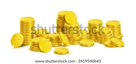 Gold coin stack with different sizes of cash money pile in realistic 3d vector illustration set. Glossy simple golden currency heap - financial wealth, profit and deposit concept. Game treasure icon.