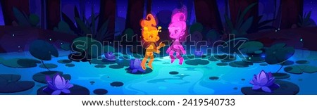 Two neon glowing fairy pixie floating above lake in forest with lotus flowers at night. Cartoon vector dusk landscape with water lily on pond, tree trunks and bush on shore, firefly and fantastic elf.