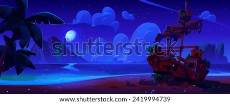 Wrecked ship on night tropical island. Vector cartoon illustration of old abandoned sailboat with damaged board, torn sails, cracked steering wheel, shipwreck scene under dark sky with moon and stars