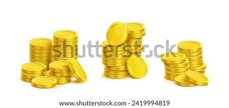 Gold coin stack with different sizes of cash money pile in realistic 3d vector illustration set. Glossy simple golden currency heap - financial wealth, profit and deposit concept. Game treasure icon.