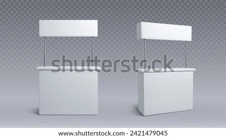 Trade fair booth templates isolated on transparent background. Vector realistic illustration of 3D white stand, blank banner design for branding, business exhibition stall for product presentation