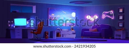 Room interior with setup to play video game and stream at night. Cartoon dark house inside with gamer computer and headphones, big tv on wall and console with gamepad, bright neon sign of joystick.