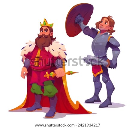 Medieval king and knight characters isolated on white background. Vector cartoon illustration of bearded kingdom ruler with golden crown and sceptre, brave warrior in body armor with sword and shield