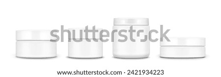 3D set of cream jars isolated on white. Vector realistic illustration of cosmetic container mockups, plastic or glass packaging for skin care product covered with lid, blank space for branding