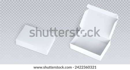 White closed and open cardboard box mockup top angle view. Realistic vector illustration set of blank carton package for delivery or gift concept. Rectangular low paper pack with cover mock up.