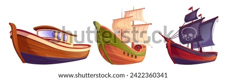 Set of wooden ships isolated on white background. Vector cartoon illustration of fishing boat, vintage sailboat, pirate vessel with jolly roger skull on black sail, adventure voyage, water transport