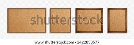 Realistic pin board with cork texture surface and wooden frame. Empty bulletin background to post notice and memo. Vector set of brown blank clipboard for announcement and message attachment.