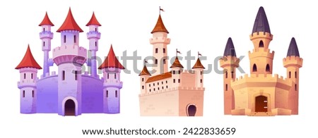 Medieval castles set isolated on white background. Vector cartoon illustration of ancient fairy tale palace with flags on tower, windows and gates, old royal fortress, game kingdom design elements