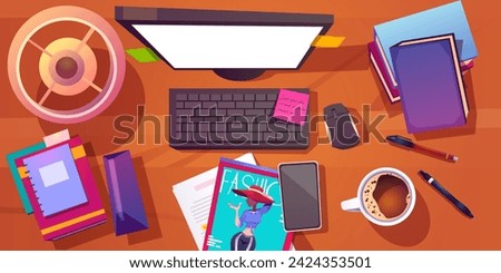 Top view on table with messy workplace. Cartoon flat lay of wooden desk with computer monitor and keyboard with mouse, book stack and notepad, cup of coffee and lamp, fashion magazine and mobile phone