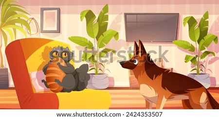 Living room interior with cat and dog. Cartoon home hall inside with puppy stand and look at fluffy grey kitten sitting in armchair and holding bread in paws and mouse. Friendship of domestic animals.