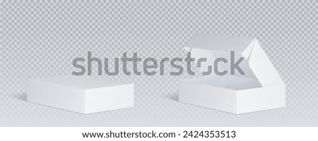 White closed and open cardboard box mockup top angle view. Realistic vector illustration set of blank carton package for delivery or gift concept. Rectangular low paper pack with cover mock up.
