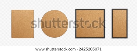 Set of memo pin boards with cork texture isolated on transparent background. Vector realistic illustration of round, square, rectangular wooden frame mockups, interior design elements, material sample
