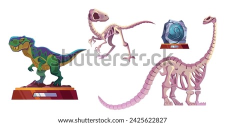 Exhibits of archaeological museum - dinosaur skeletons, recreated animal and stone with imprint. Cartoon vector illustration collection of jurassic prehistory paleontology exhibition dino artefacts.