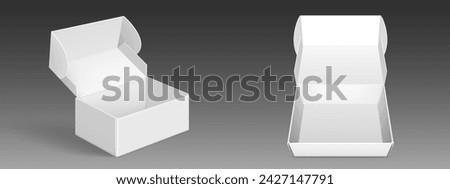 White cardboard open empty box mockup. Realistic vector illustration set of blank carton package in different angles for delivery or gift concept. Rectangular paper container pack with lid mock up.