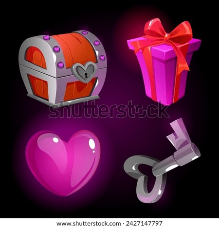 Cartoon game icon set with love and romance elements. Vector illustration of gui assets or holiday interface - pink heart, closed chest with diamonds decoration and key, gift box with ribbon and box.