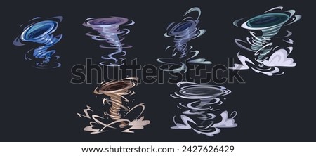 Tornado cartoon collection - various whirlwind and hurricane twister on dark background. Vector illustration set of storm funnel wind with whirl cloud, dust and water. Natural catastrophe and disaster