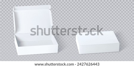 White closed and open cardboard box mockup top angle view. Realistic vector illustration set of blank carton package for delivery or gift concept. Rectangular low paper pack with cover mock up.