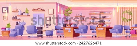 Beauty salon interior design. Vector cartoon illustration of large light room with furniture and equipment for manicure, hairstyling services, cosmetic, nail polish bottles on shelf, mirrors on wall