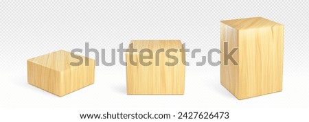 Wooden square podium of different height and angle of view on transparent background. Realistic vector set of cube platform made of light wood for product display. Rectangle natural showcase pedestal.