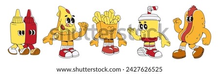 Groovy fast food characters set isolated on white background. Vector cartoon illustration of retro restaurant mascots, ketchup and mustard bottles, pizza, french fries, cup of soda, hotdog smiling